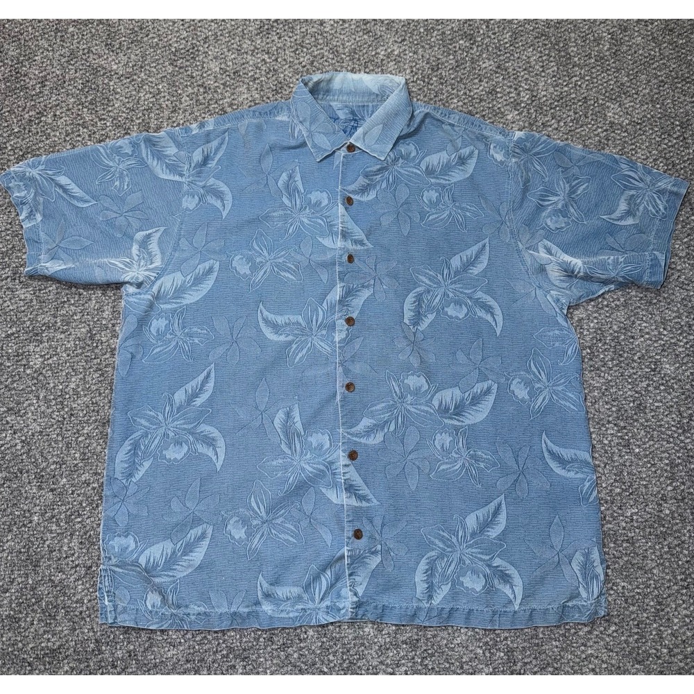 Tommy Bahama 100% Silk Blue Floral Jacquard Short Sleeve‎ Shirt Size XL